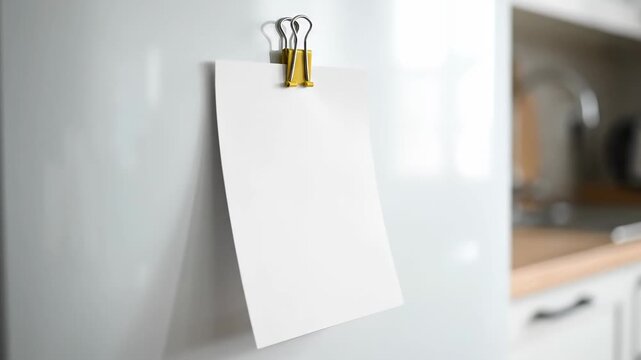 Blank white paper mockup on a refrigerator door. Empty note held by a gold binder clip for a message or reminder in a kitchen setting with copy space for text or design