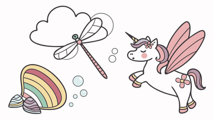 Cute Flying Unicorn Rainbow Dragonfly Cloud Sticker Set for Kids Nursery Decor and Birthday Party Invitations