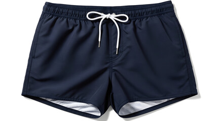 Stylish Navy Blue Men's Quick-Dry Swim Shorts with White Drawstring, Ideal for Summer Beach Vacations and Poolside Lounging, Isolated on White Background