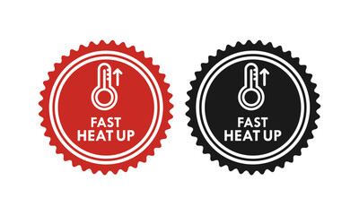 Fast heat up icon with thermometer and rising arrow in red circle frame, industrial heating technology vector design.