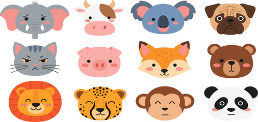 Fototapeta premium Cute Animal Faces Icon Set Featuring Elephant, Cow, Koala, Fox, Lion, Cheetah, Monkey, Pug, Panda, and More in Adorable Vector Style