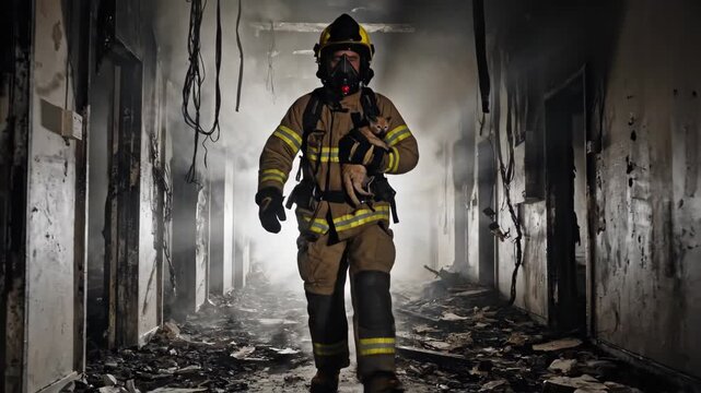Firefighter walking through burned building hallway while rescuing cat for emergency and heroism content