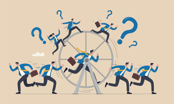 : Office salary, inefficient or work hard trap that never finish concept, frustrated businessman in hurry running in rat race wheel