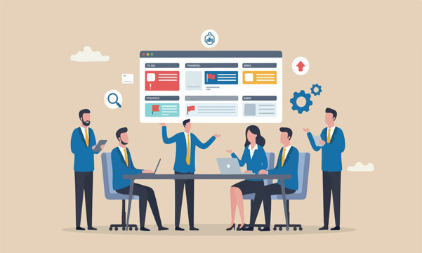Prioritize or two small, stylized project management software or planner concept, businessman project manager prioritize tasks.