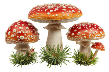 Amanita muscaria fungi group showing bell-shaped caps with white scales and red color. Poisonous toadstools. Transparent background