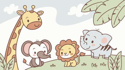 Obraz premium Cute Cartoon Safari Animals Giraffe Elephant Monkey Lion Playful Jungle Scene for Childrens Book Illustration Web Design