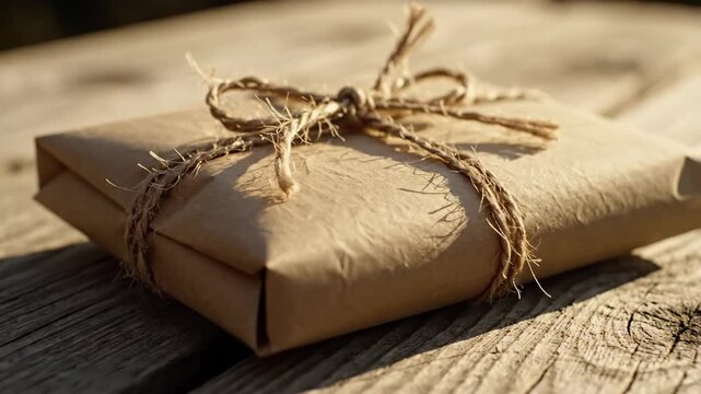 Kraft paper wrapped gift resting on rustic wooden surface for holiday and gifting content