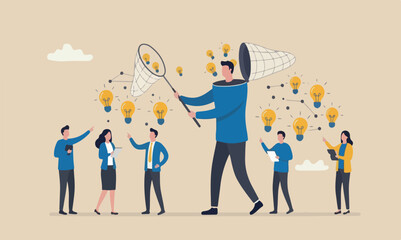 Obraz premium New creative, meeting teams innovation, development or learn skills concept, businessman open his head to using butterfly net to cat light bulb idea.