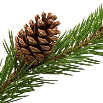 A single pine cone and branch against a white background