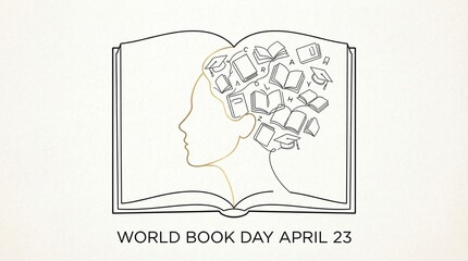Celebrate World Book Day on April 23 with a beautiful illustration depicting an open book forming the outline of a head filled with ideas and books, symbolizing knowledge and imagination