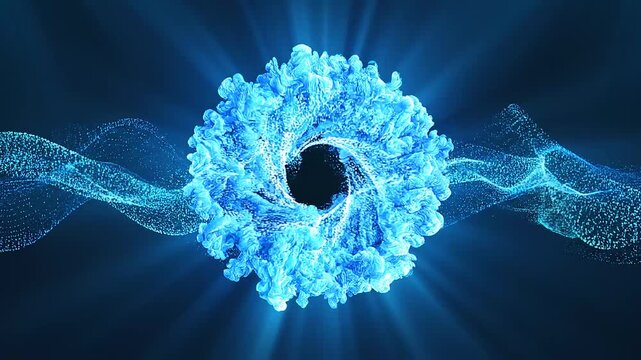 Abstract digital design of glowing energy sphere and particle wave motion
