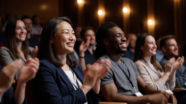 Happy diverse business audience applauding at a conference. Asian woman and black man smiling during a successful presentation or professional training seminar appreciation