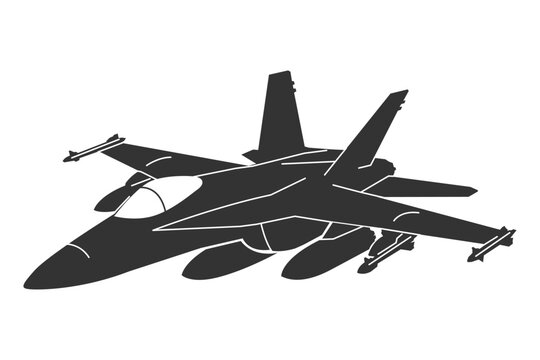 Isometric angled rendering of F18 multirole fighter jet. Black and white vector plane design in minimalist monochrome style. Military F18 hornet combat aircraft from united states.