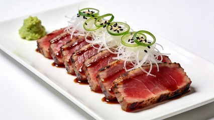 Fototapeta premium Perfectly Seared Tuna Tataki With Chili Slices And Sesame Garnish