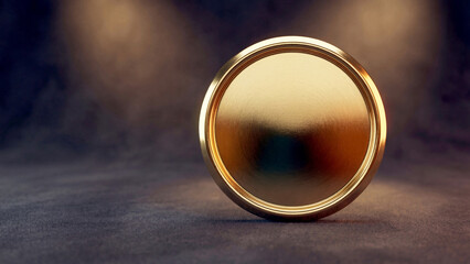 A blank shiny gold coin or medal on a dark luxurious background.
