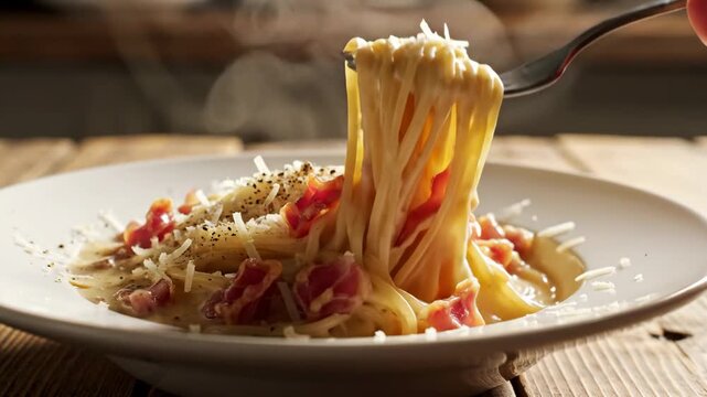 Steaming spaghetti carbonara being twirled with fork on rustic wooden table for food and restaurant content