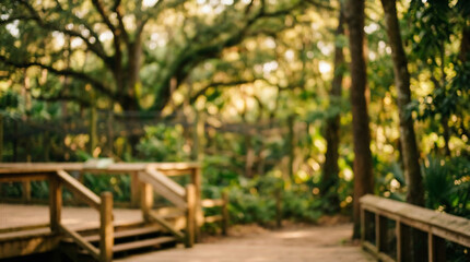 Abstract defocused background of a wooden boardwalk and park trail in a lush green forest with soft golden sunlight