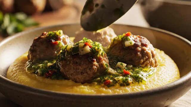 Meatballs with chimichurri sauce being served over creamy polenta in rustic bowl for food and restaurant content