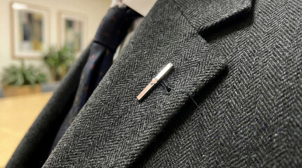 Close up textured wool lapel with silver bar pin, herringbone weave, conference room bokeh, professional detail