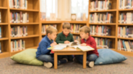 Abstract defocused background of children reading together in a school library with soft natural light and rows of bookshelves