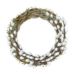Watercolor wreath with willow branches. Botanical illustration clipart of spring renewal and Easter celebration isolated on white background for wedding, invitations, cards and seasonal design