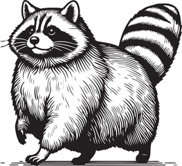 Chubby raccoon with a bushy tail, showcasing intricate details and playful character sketch engraving generative ai vector illustration. Scratch board imitation. Black and white © MdAmran