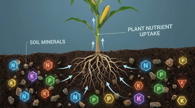 Soil minerals and nutrient uptake in corn plants illustrating how plants absorb essential nutrients