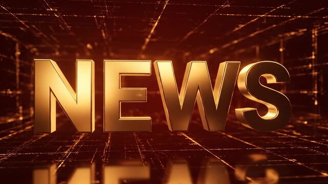 Gold 3D news text zooming forward on dark digital grid background for broadcast intro