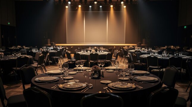 Elegant banquet hall with round tables set for a formal event, featuring dim lighting and a stage in the background.