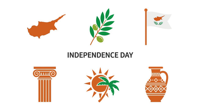 Cyprus Independence Day graphic with icons map olive branch flag column sunpalm pottery