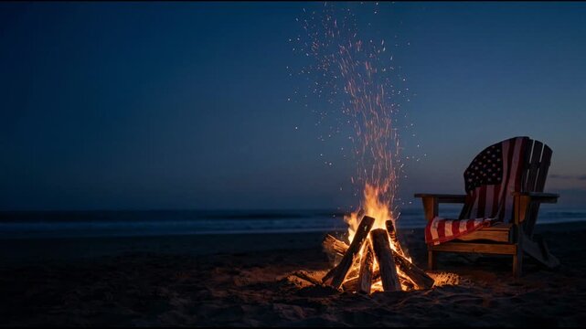 American Flag draped Adirondack Chair by a Beach Bonfire at Dusk Celebrating Summer and Independence Day