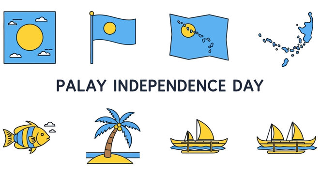 Icons celebrating Palau Independence Day including sun flag map fish palm and boats