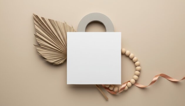 Blank Card with Beads and Dried Leaf.