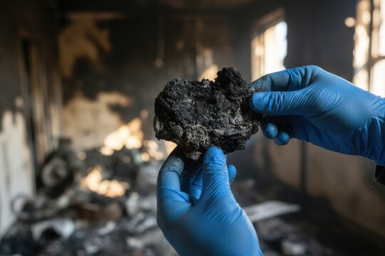 Gloved hands carefully examine a piece of charred debris against a blurry background of a fire-damaged room with blackened walls and remnants.