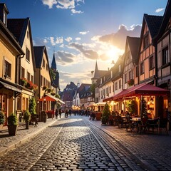 Obraz premium A cobblestone street in a European town, lined with colorful buildings and outdoor seating, under a bright, sunny sky