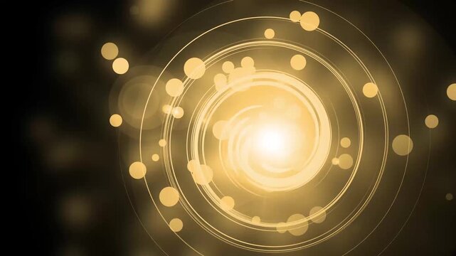 Colorful light vortex with bokeh background animation, Bright swirling light vortex at center with concentric rings and colorful bokeh dots