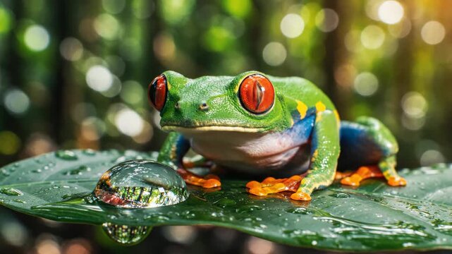 Red-eyed tree frog resting on wet tropical leaf in lush rainforest for nature and wildlife content