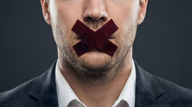 Businessman with red tape over mouth symbolizing silence or censorship