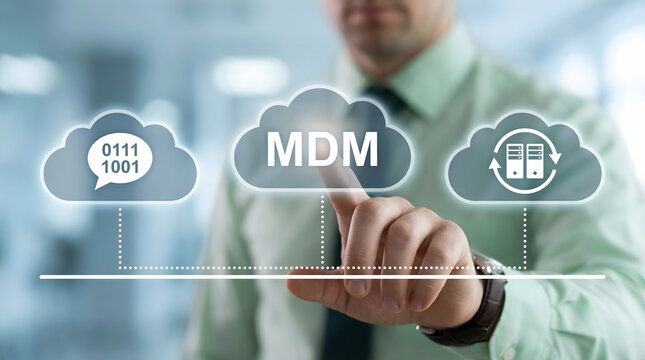 Businessman interacting with mobile device management interface