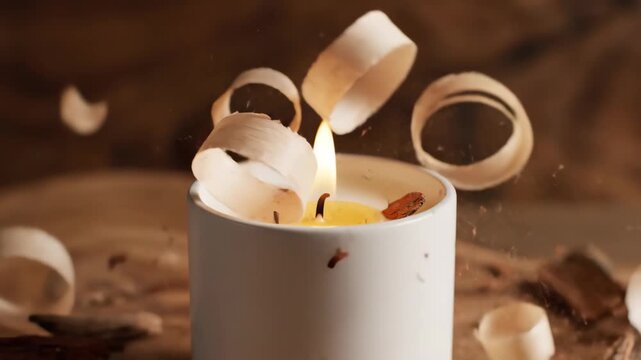 Scented candle with ingredients falling and settling in slow motion for lifestyle and home decor content