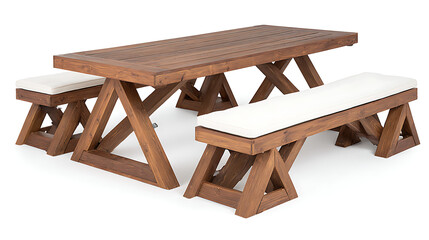 A wooden table and bench set with a white cushion