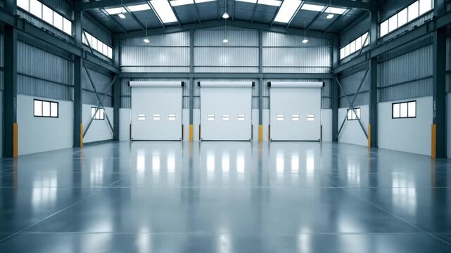 Large empty warehouse interior with polished concrete floor and roller shutter doors. Modern industrial building for logistics, storage or distribution center background