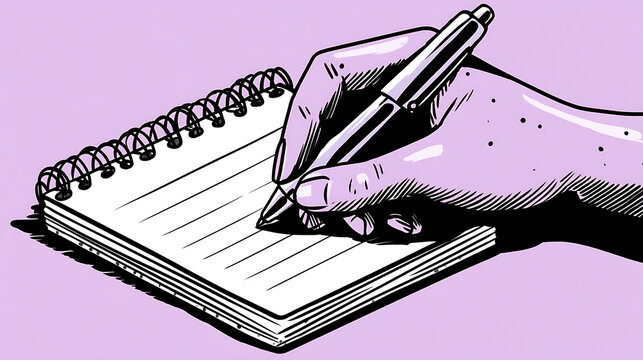 A hand is writing on a spiral notebook