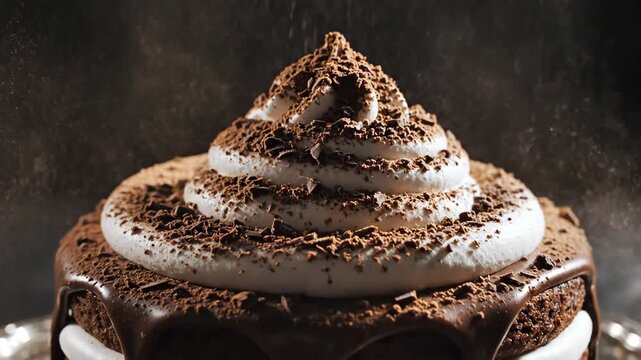 Chocolate shavings falling onto layered cream cake in slow motion for food and bakery content