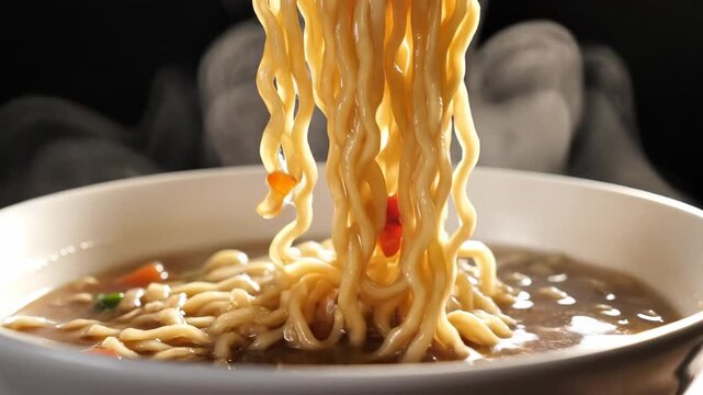 Steaming ramen noodles lifting from bowl with chopsticks for food and restaurant content