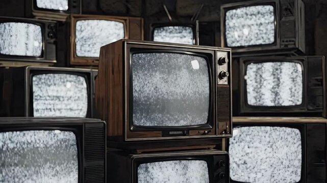 Vintage retro televisions displaying static noise zooming in for media and technology content