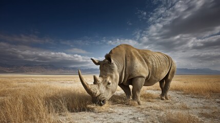 Obraz premium Majestic rhinoceros with powerful horn grazing on dry grass in an open African savanna under a dramatic sky