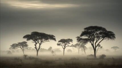 Obraz premium Misty Morning Over African Savanna Plain with Silhouetted Acacia Trees