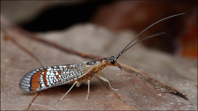 Detailed macro view of a scorpionfly with its characteristic beak-like snout resting on a textured brown leaf.