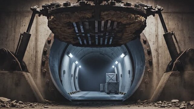 Ancient Vault Door Swings Open Revealing Passage. Disused Hatch Lifts To Expose Underground Tunnel Entrance. Old Metallic Hatch Retracts To Unveil Concealed Passageway Beyond Concrete Walls